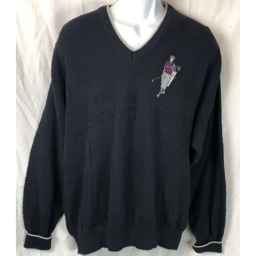 Vintage Isle Of Cotton Golf Applique Sweater L Blue Long Sleeve Country Club